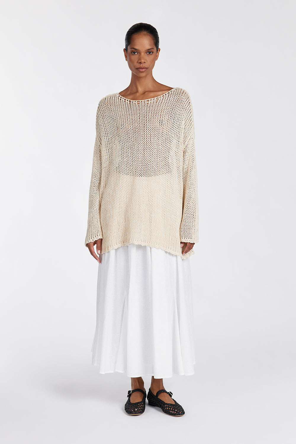 Lou Natural Marle Open Weave Knit Jumper - Relaxed Fit Longline Sweater