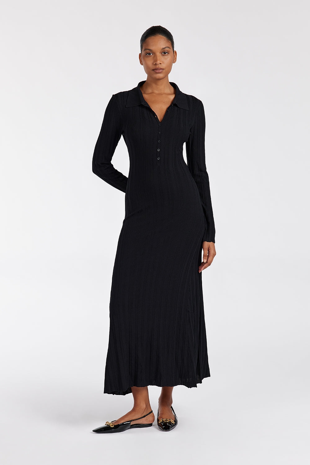 Black Polo Neck Knit Midi Dress with Removable Lining