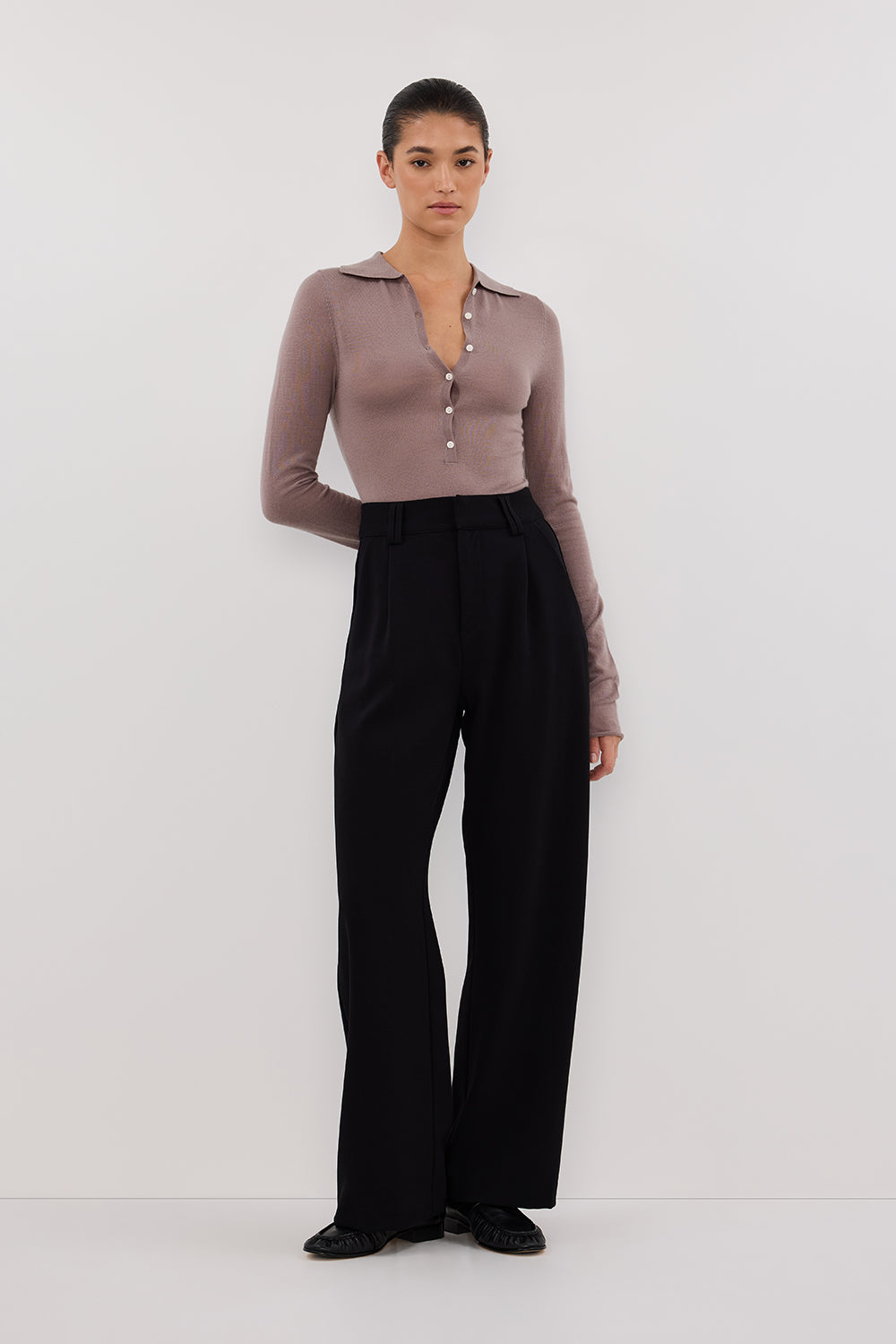 Women's Taupe Merino Wool Polo Neck Top – Jane Longline Knit