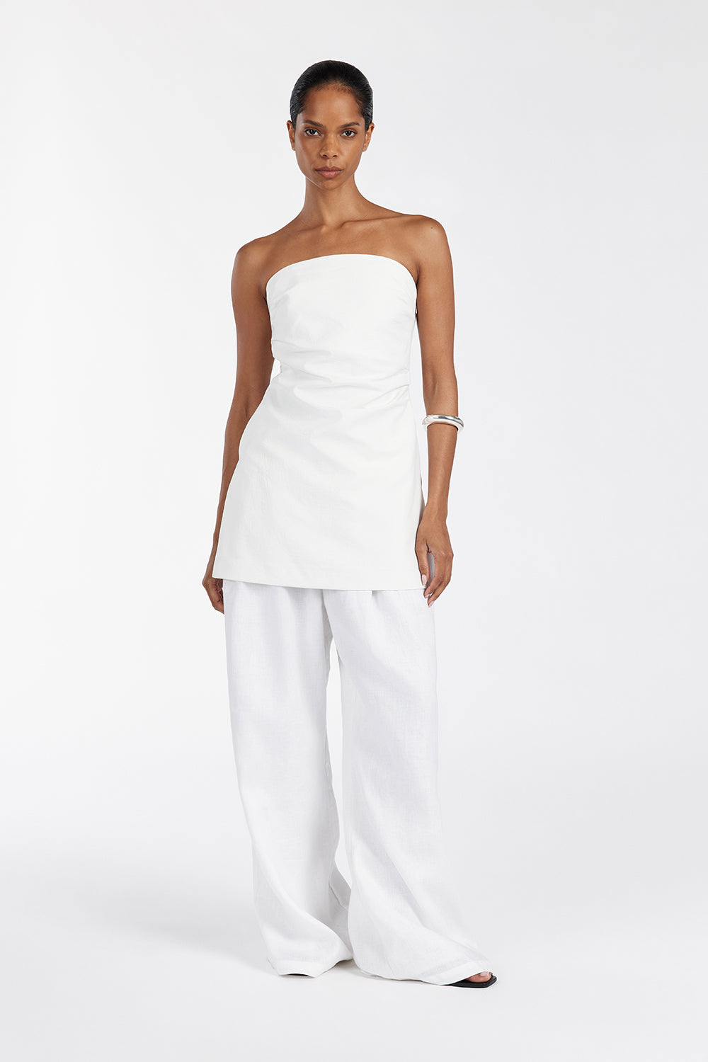 White Strapless Tunic Top with Gathered Bodice & Side Splits - LEO