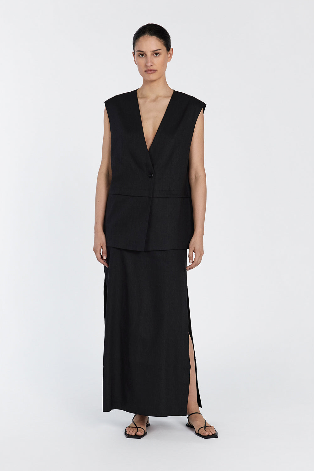 Black Linen Midi Skirt with Thigh High Split - Taylor