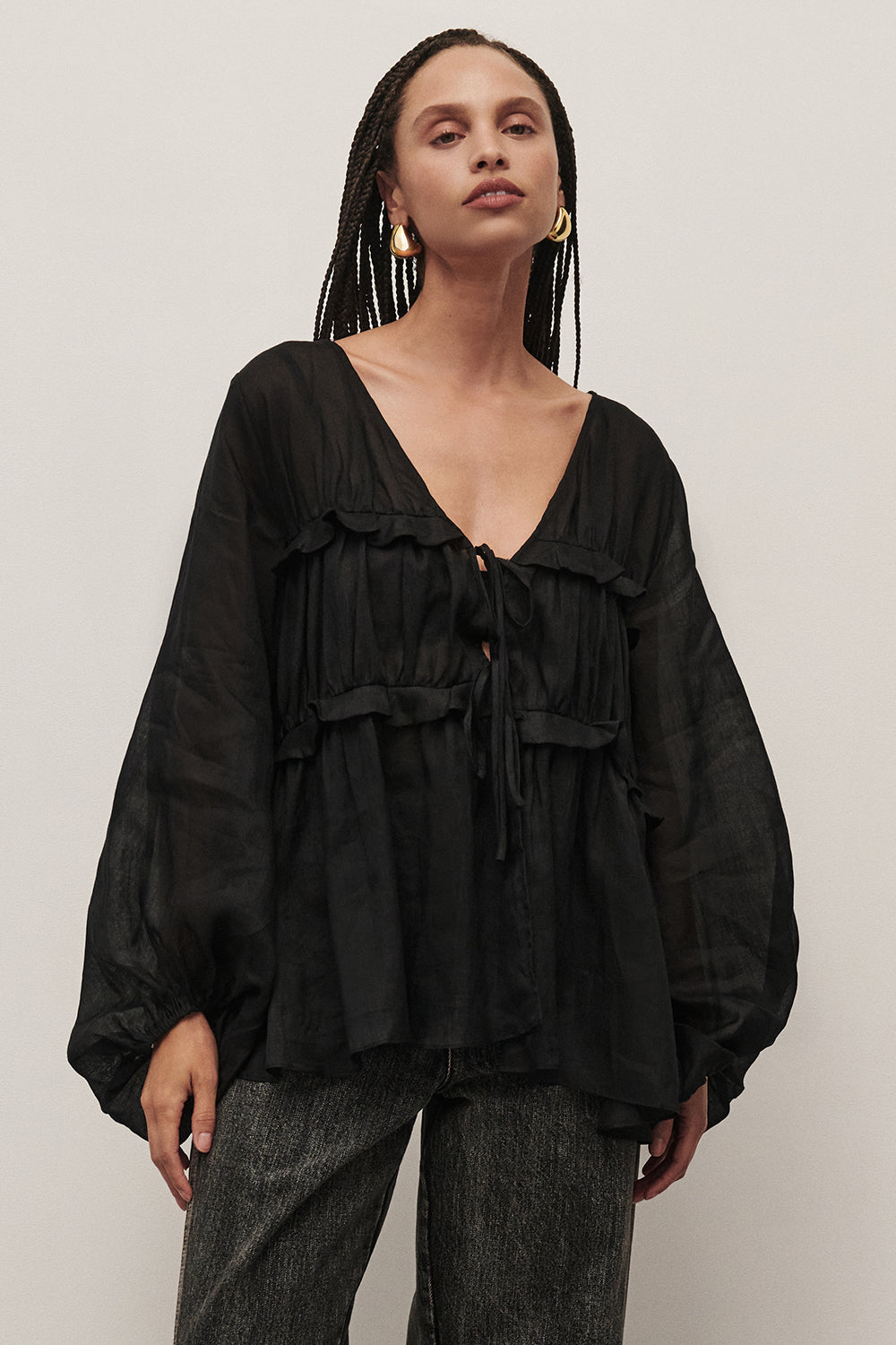 Black Ramie Long Sleeve Blouse with Frill Detail & V-Neck