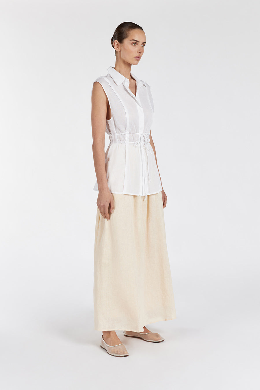Jase White Linen Sleeveless Blouse with Adjustable Waist Ties