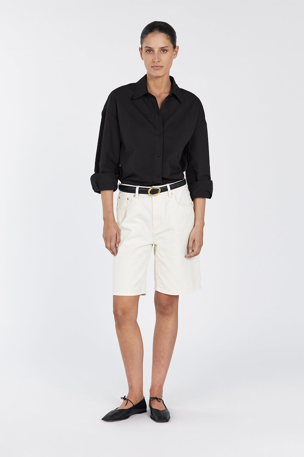 Women's Black Cotton Button-Up Shirt - Relaxed Fit Long Sleeve