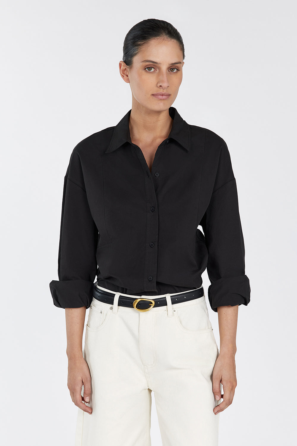 Women's Black Cotton Button-Up Shirt - Relaxed Fit Long Sleeve