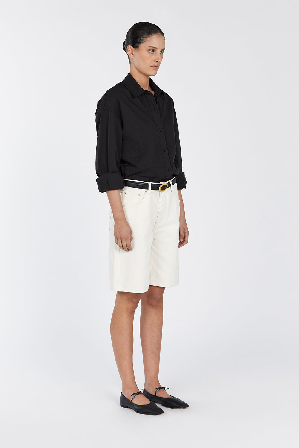 Women's Black Cotton Button-Up Shirt - Relaxed Fit Long Sleeve