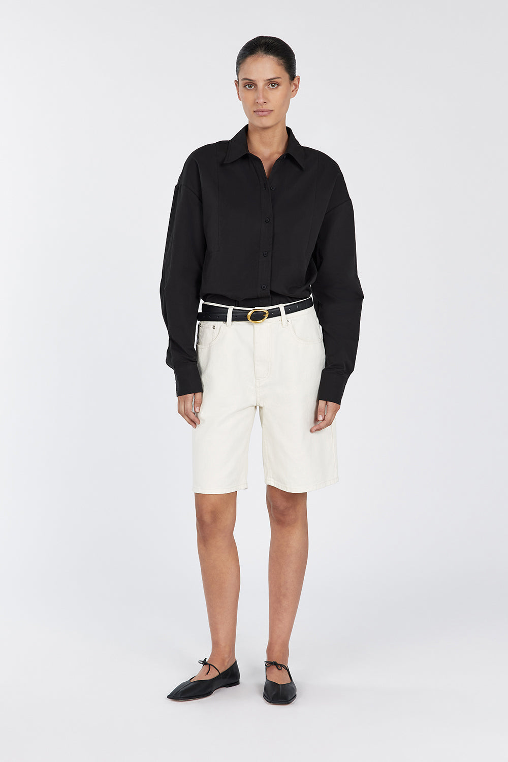 Women's Black Cotton Button-Up Shirt - Relaxed Fit Long Sleeve