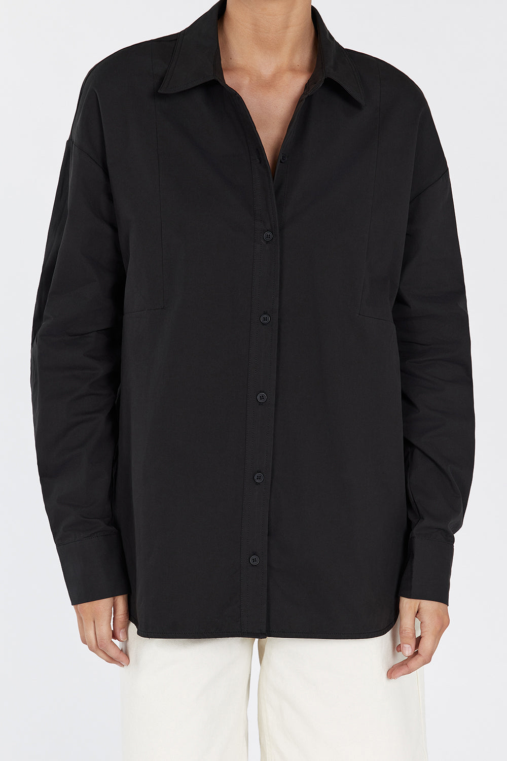 Women's Black Cotton Button-Up Shirt - Relaxed Fit Long Sleeve