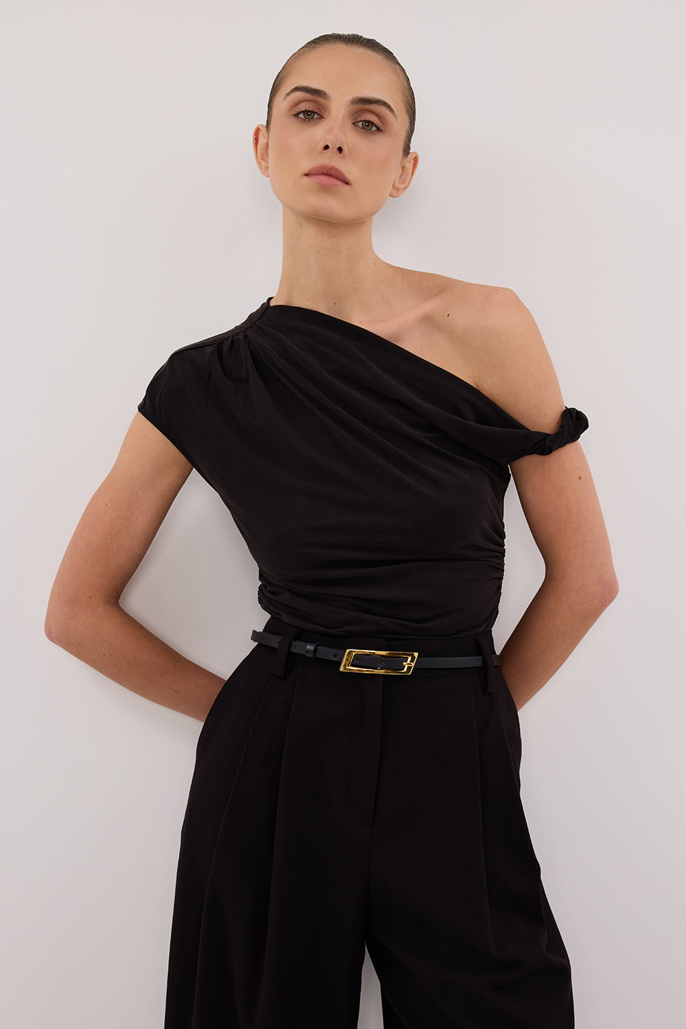 RIO Washed Black Off Shoulder Twist Knit Top