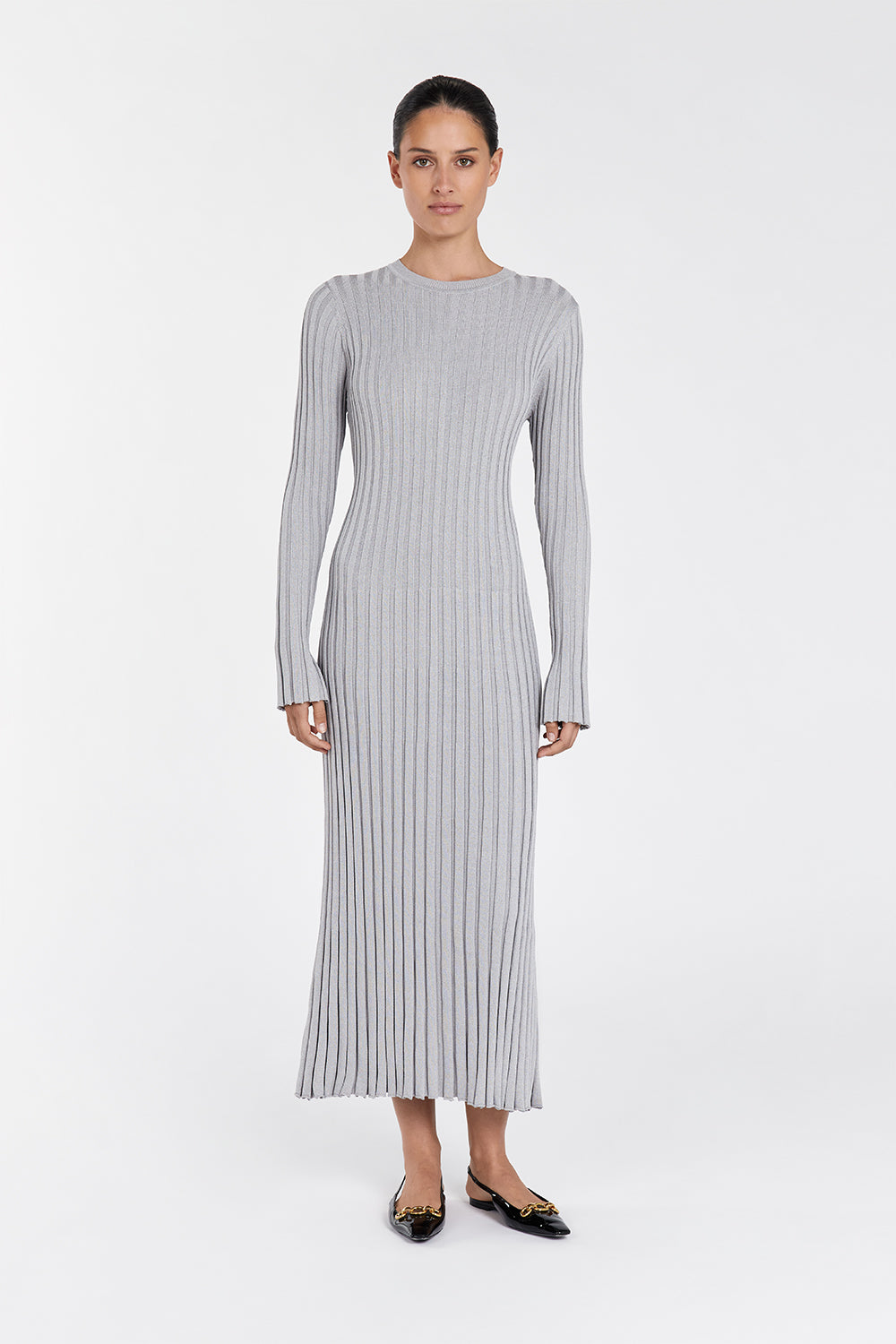 Silver Long Sleeve Midi Dress with Adjustable Tie & Lettuce Hem