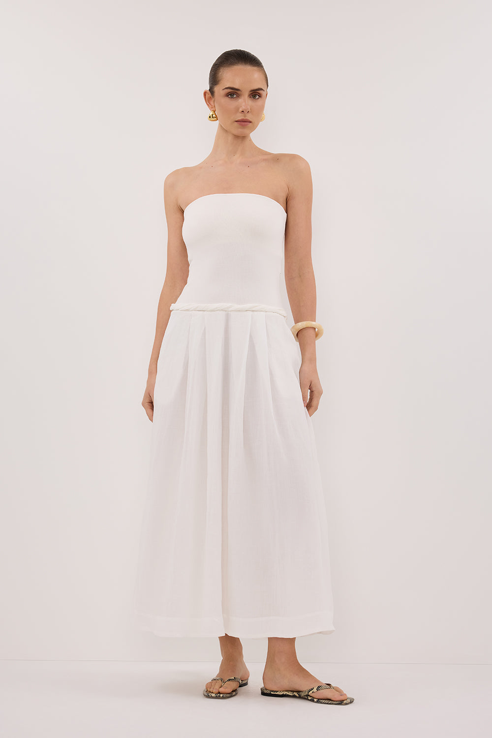 White Strapless Midi Dress with Twist Detail & Pockets