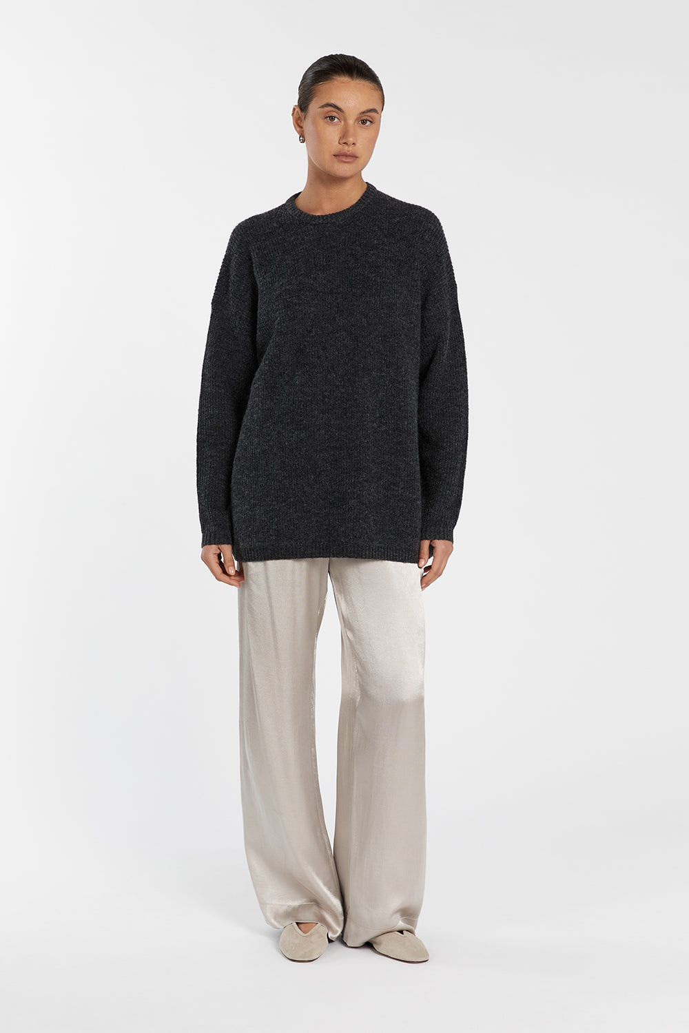 Anderson Charcoal Marle Knit Sweater - Relaxed Fit Longline Jumper