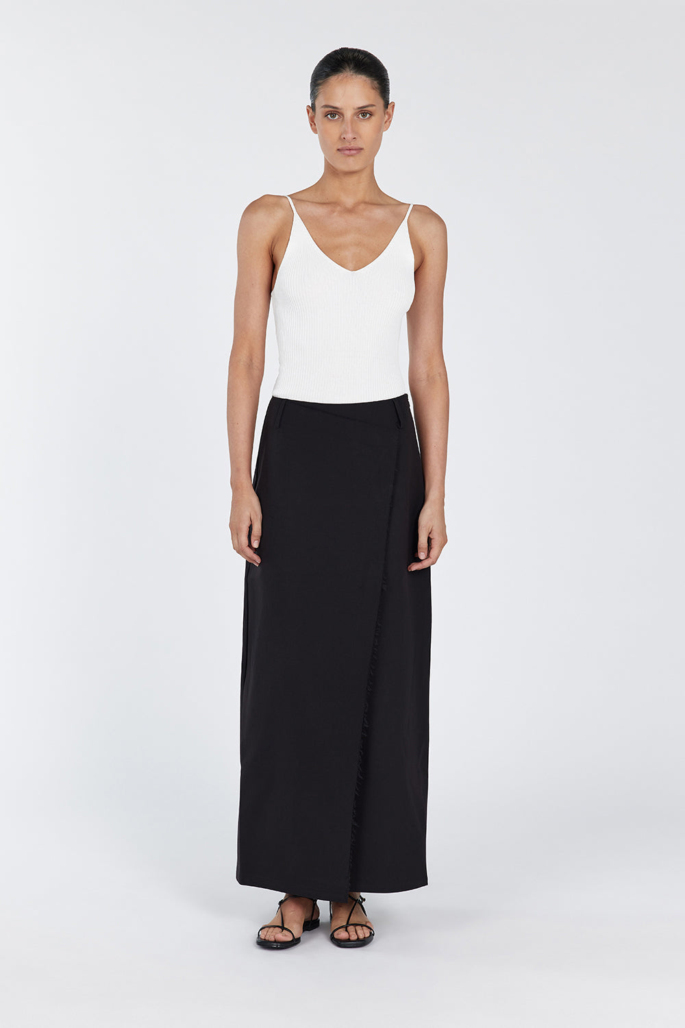 Astor Black Wrap Midi Skirt with Asymmetric Design & Belt Loops