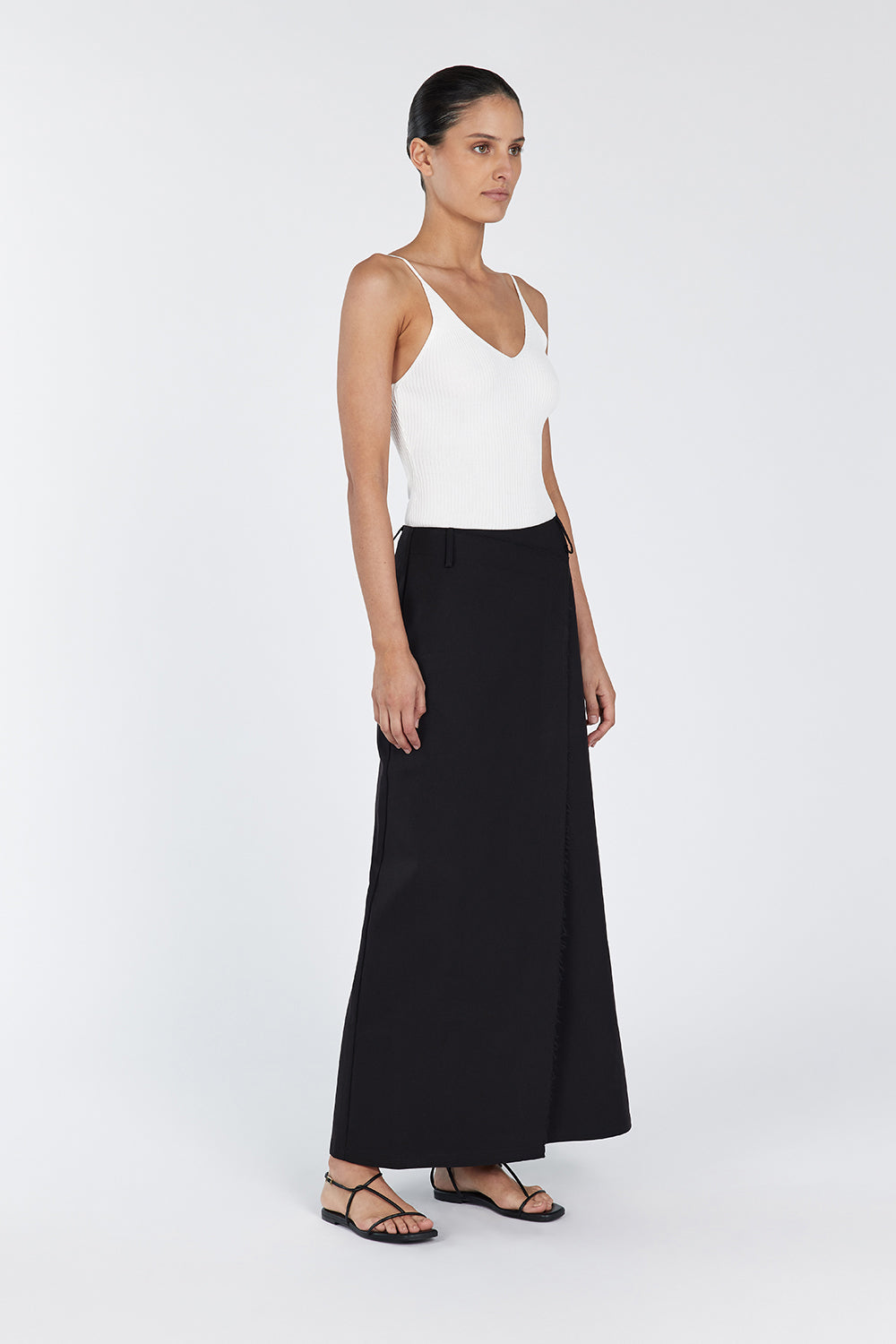 Astor Black Wrap Midi Skirt with Asymmetric Design & Belt Loops