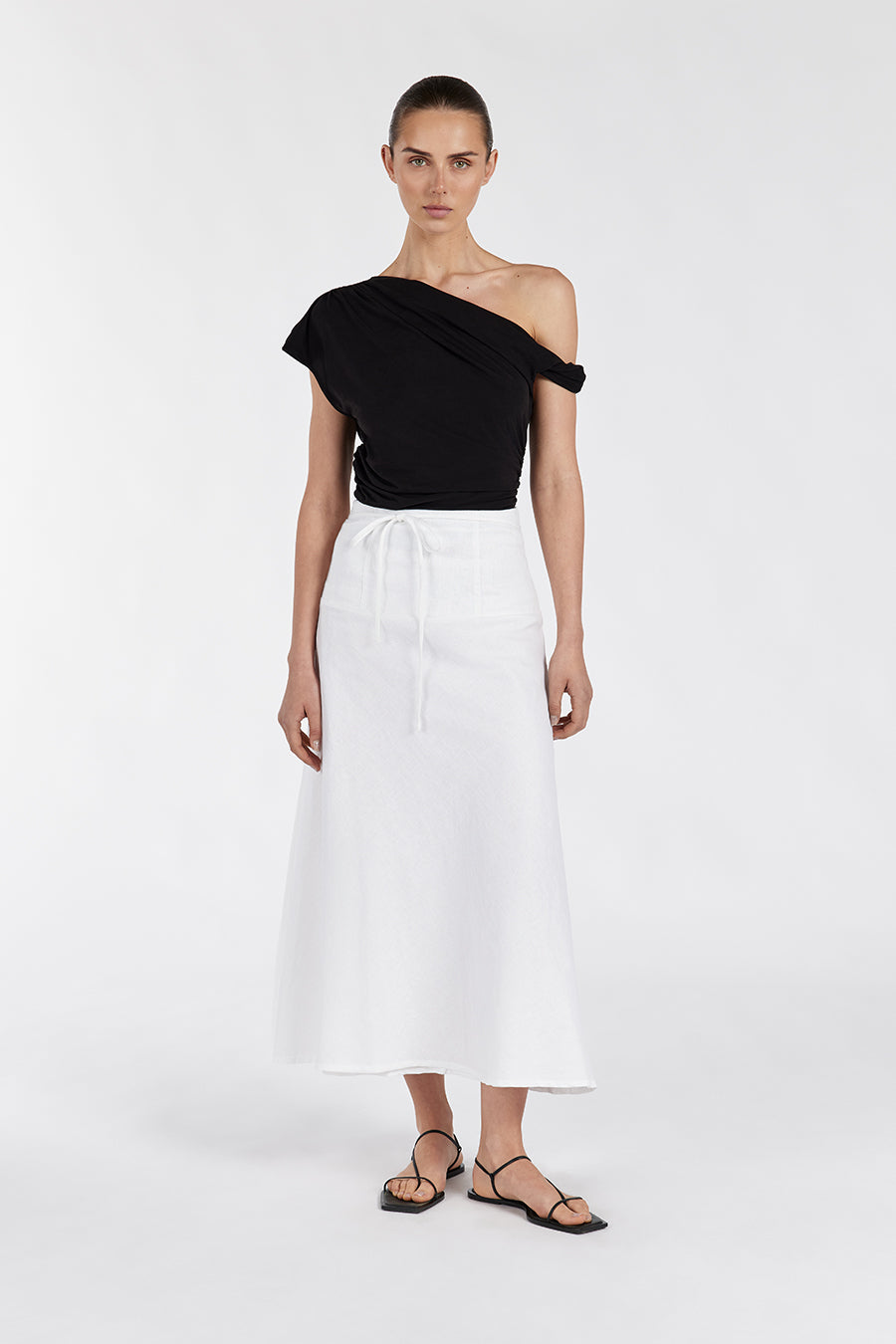 White Linen Midi Skirt - High Waist A-Line with Tie Detail