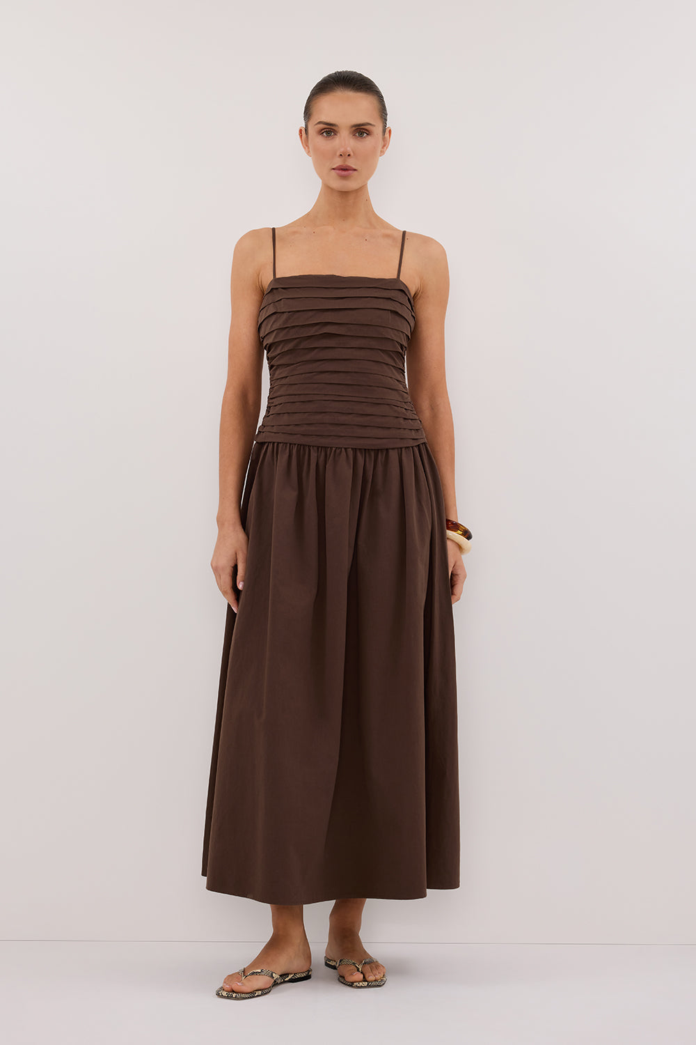 Quinn Bitter Chocolate Cotton Midi Dress with Square Neck & Circle Skirt