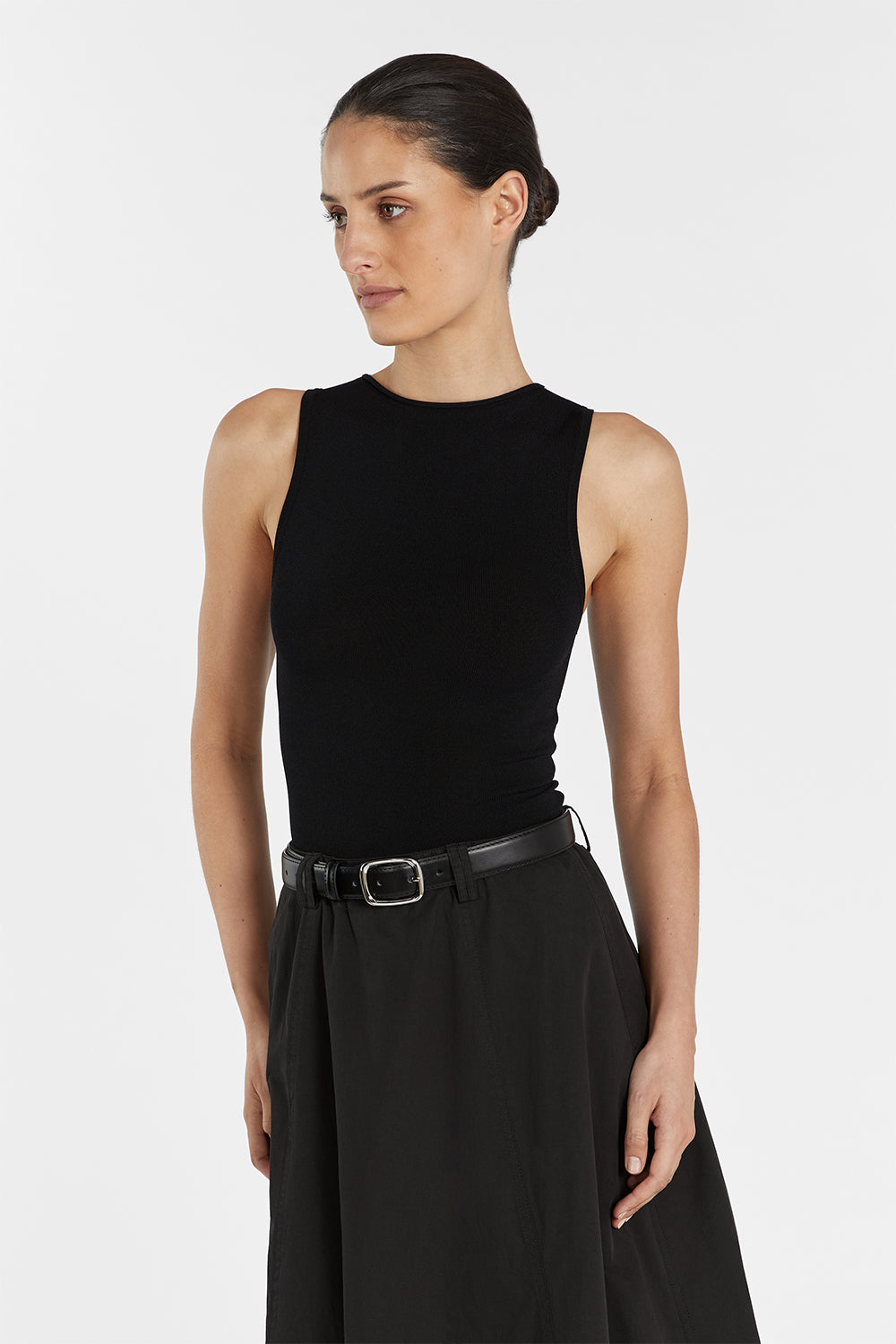 Ruby Black Boat Neck Sleeveless Knit Top - Form Fitting & Lightweight