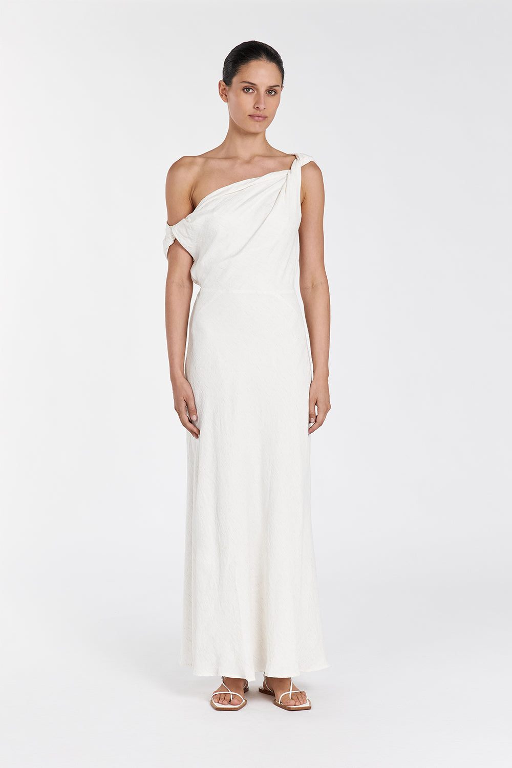 Jolie Cream Marle Off-Shoulder Linen Midi Dress