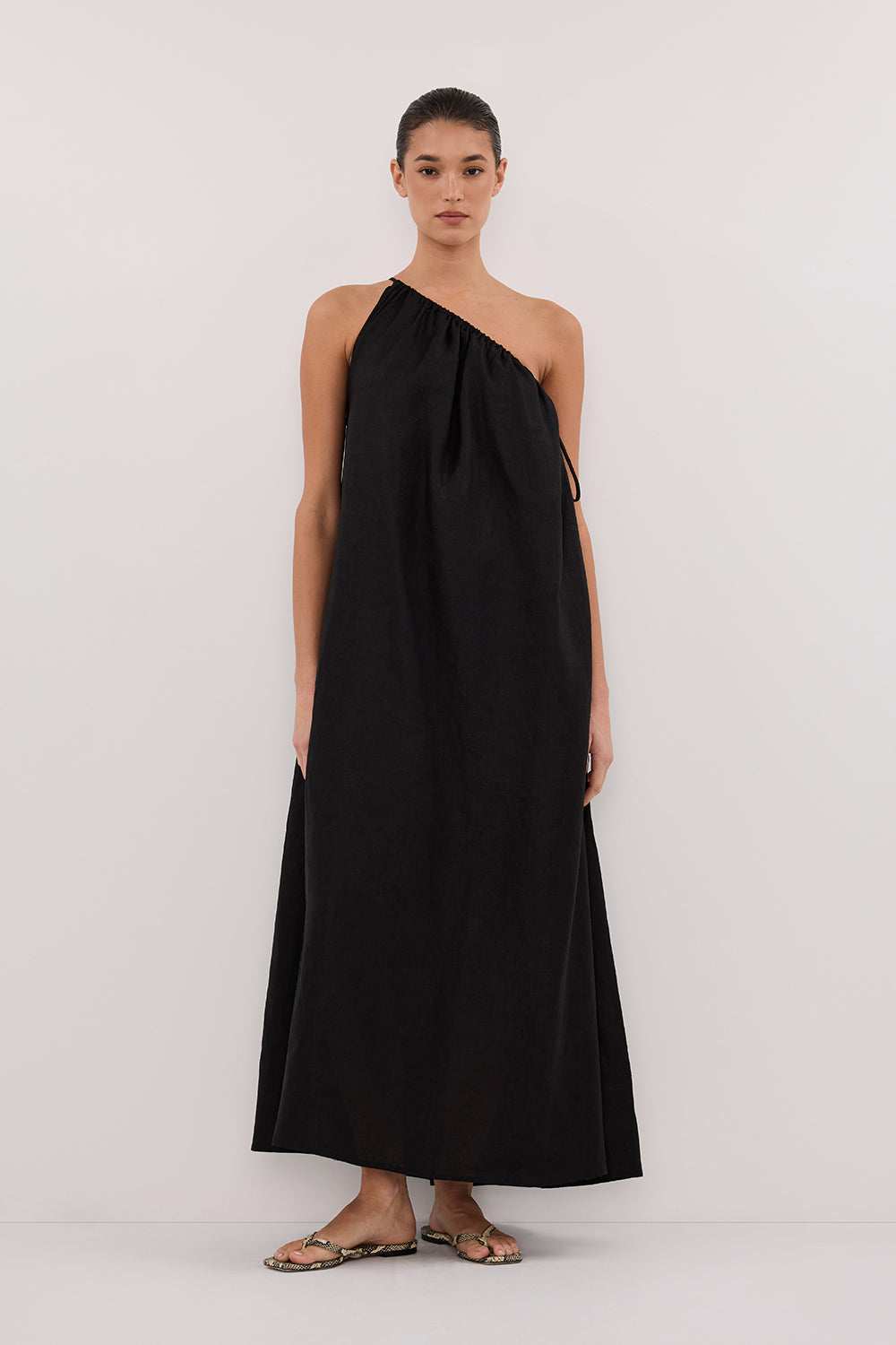 Alma Black Linen Midi Dress with Asymmetrical Neckline