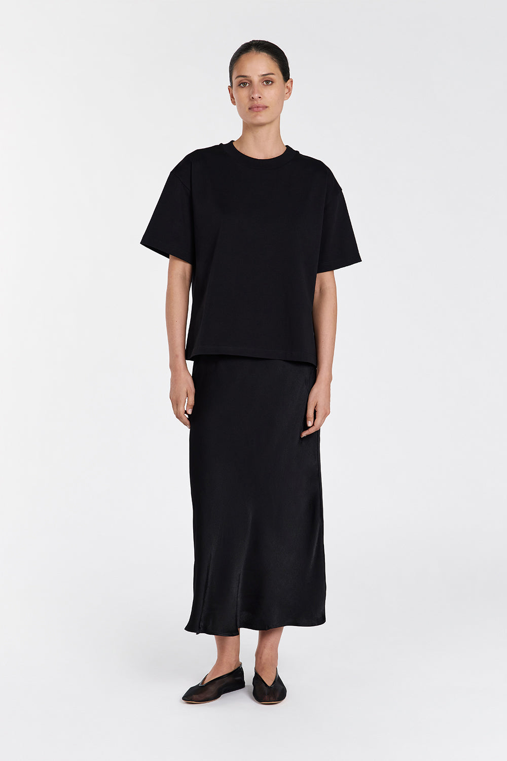 Black Satin Midi Skirt with Elastic Waistband – Emelia