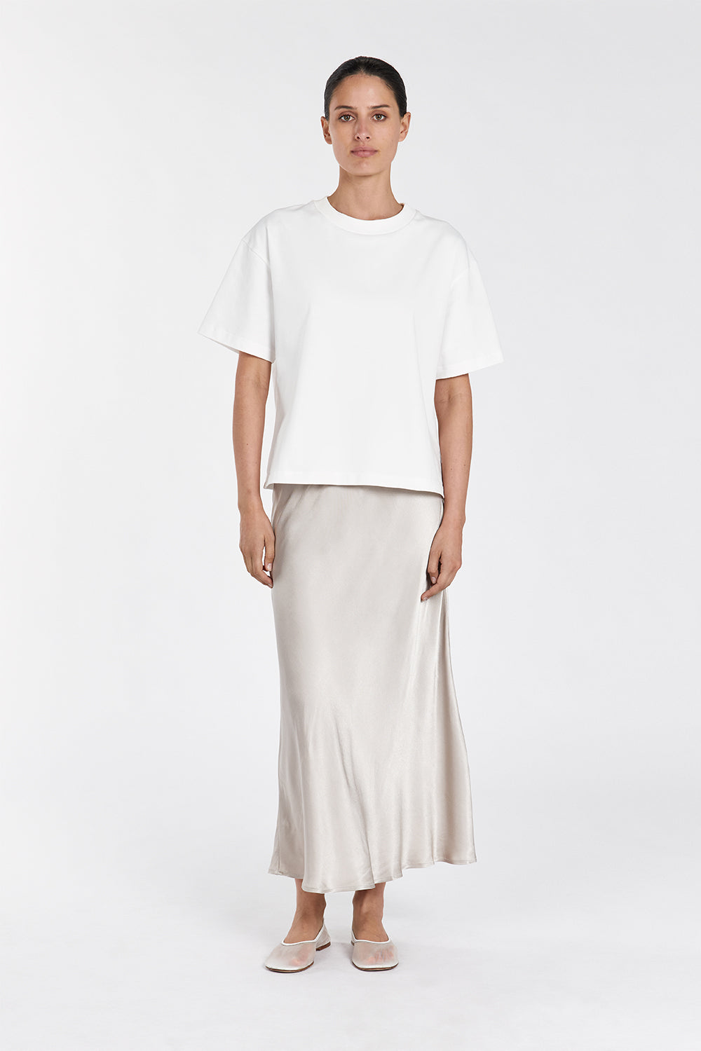 Emelia Satin Midi Skirt - Chalk, Elastic Waist, Relaxed Fit