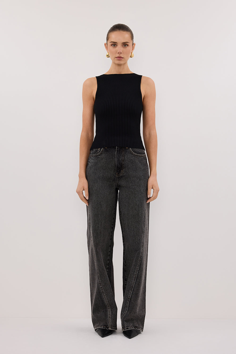 DISSH Sierra Sleeveless Black Ribbed Knit Top with Boat Neck