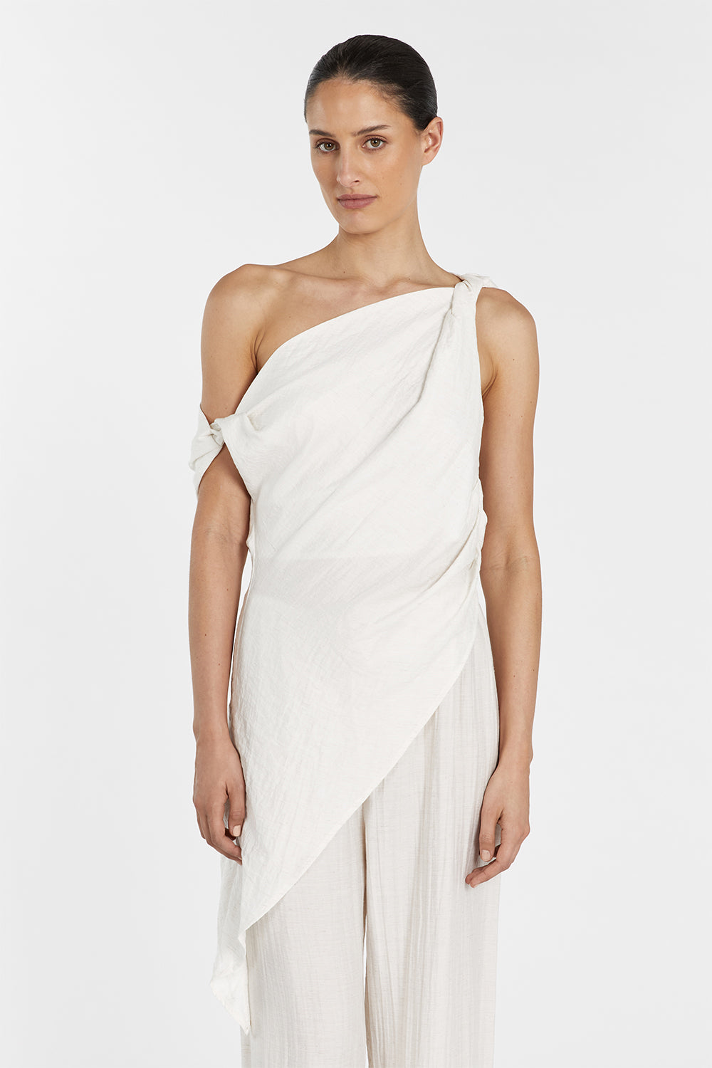 Jolie Cream Marle Asymmetrical Linen Blend Tunic Top