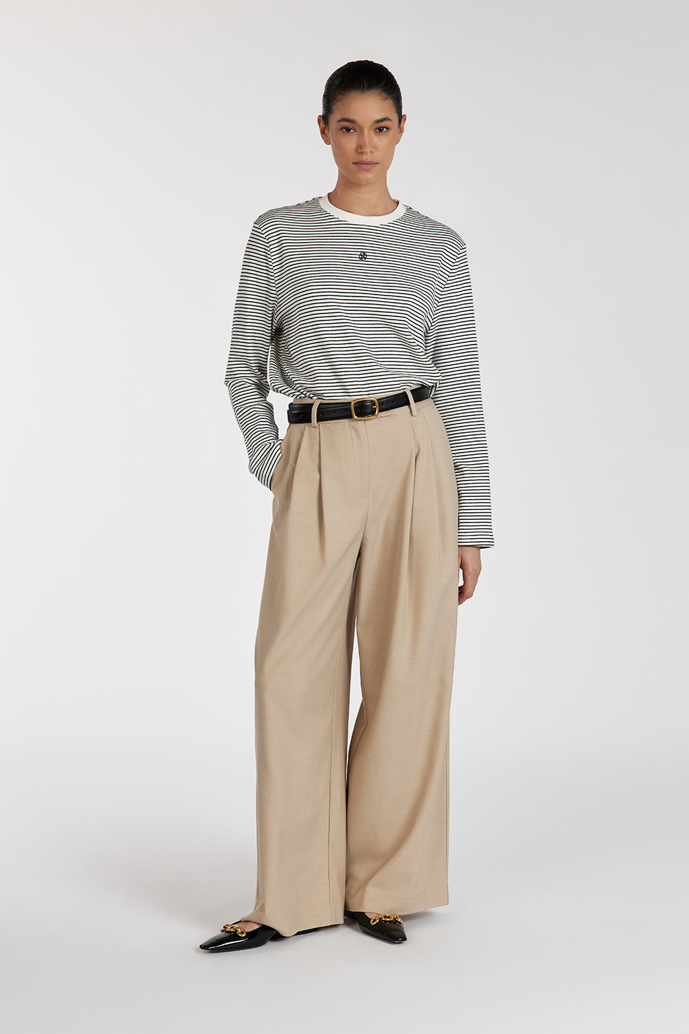 DISSH White Stripe Long Sleeve T-Shirt - Ribbed Crew Neck Jersey Top