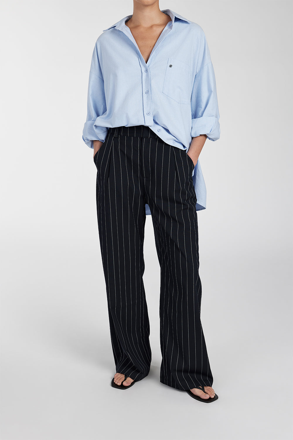 Navy Stripe Relaxed Fit Pants - High Rise Tailored Suiting