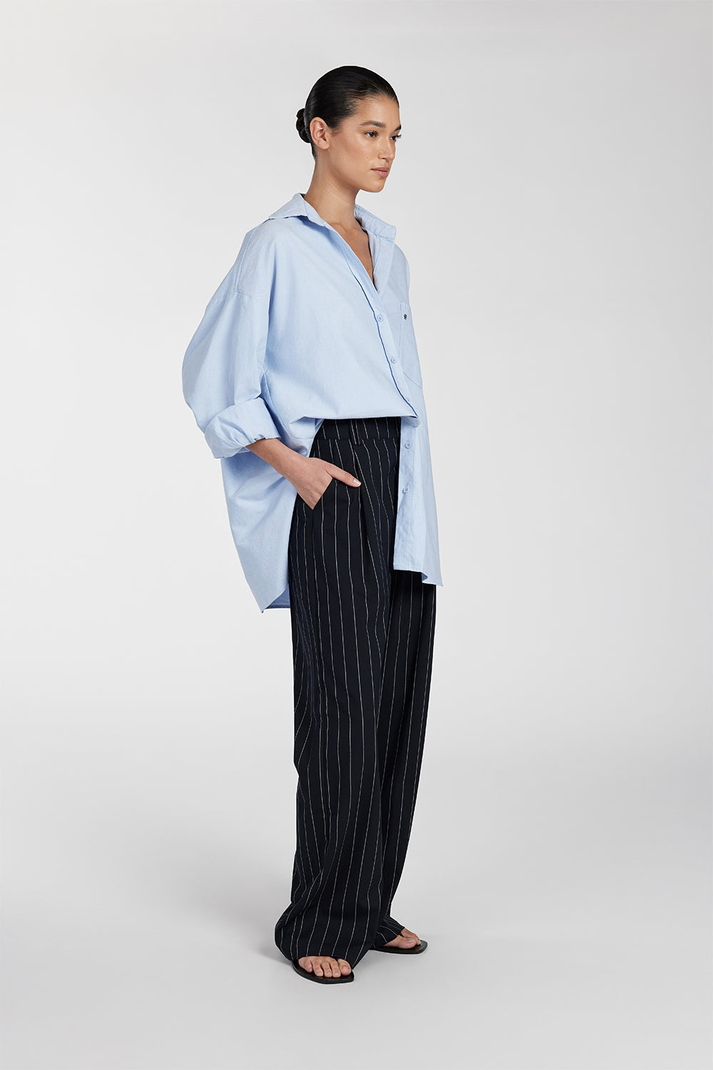 Navy Stripe Relaxed Fit Pants - High Rise Tailored Suiting