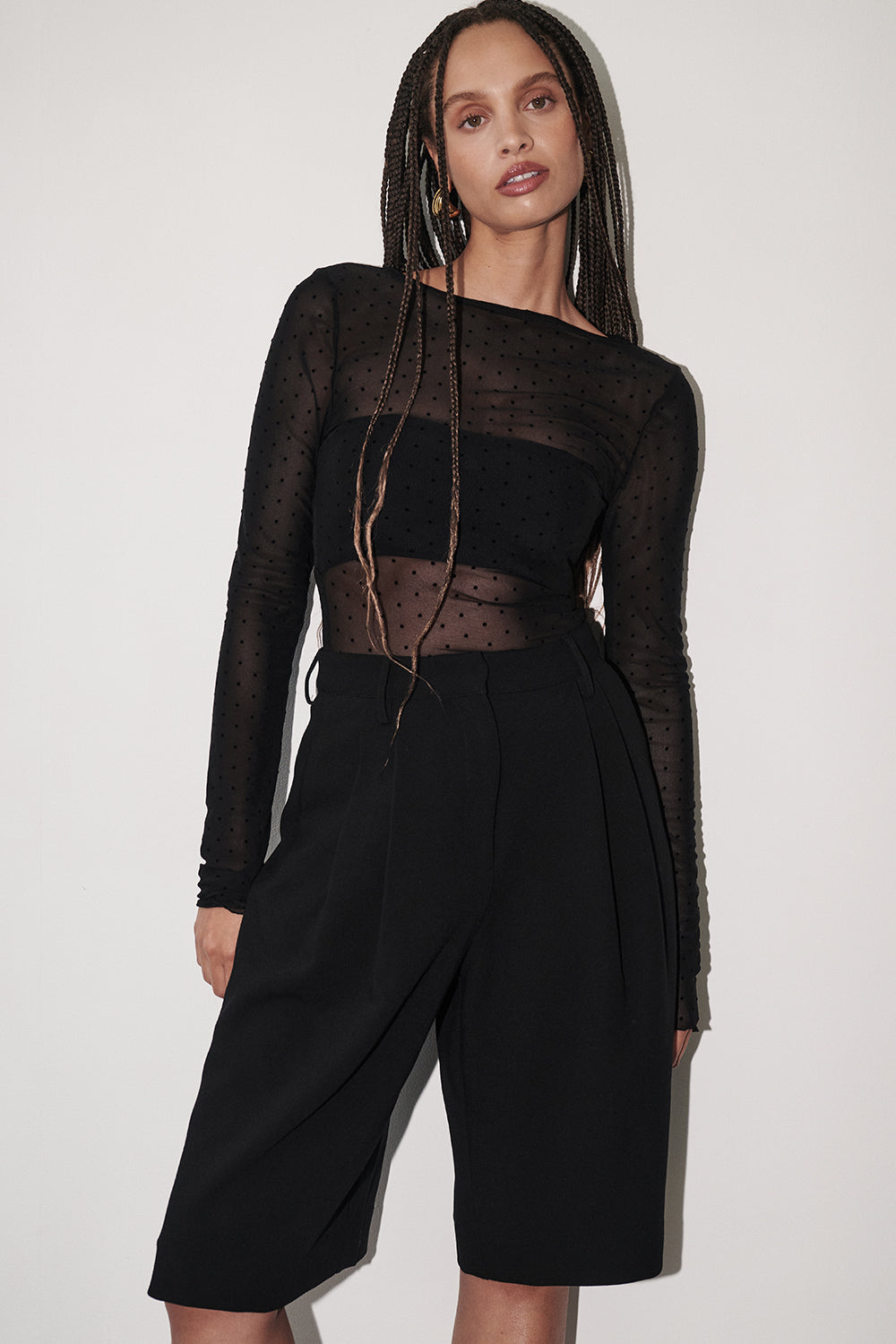 Black Mesh Long Sleeve Top with Spot Design & Removable Lining