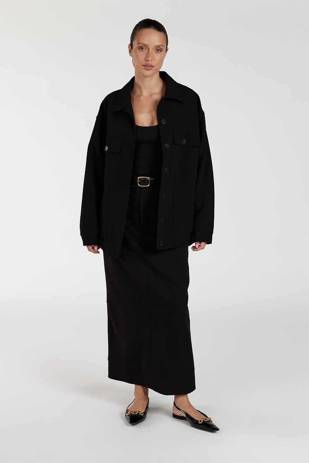 JIL BLACK Oversized Tailored Trucker Jacket with Marble Buttons