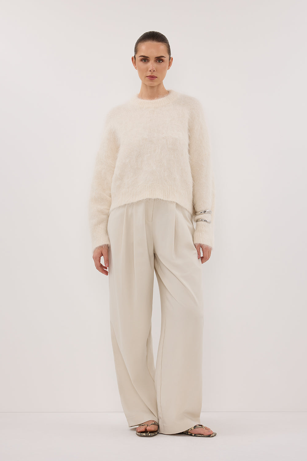 Salma Ivory Cropped Knit Jumper with Tuck Sleeves