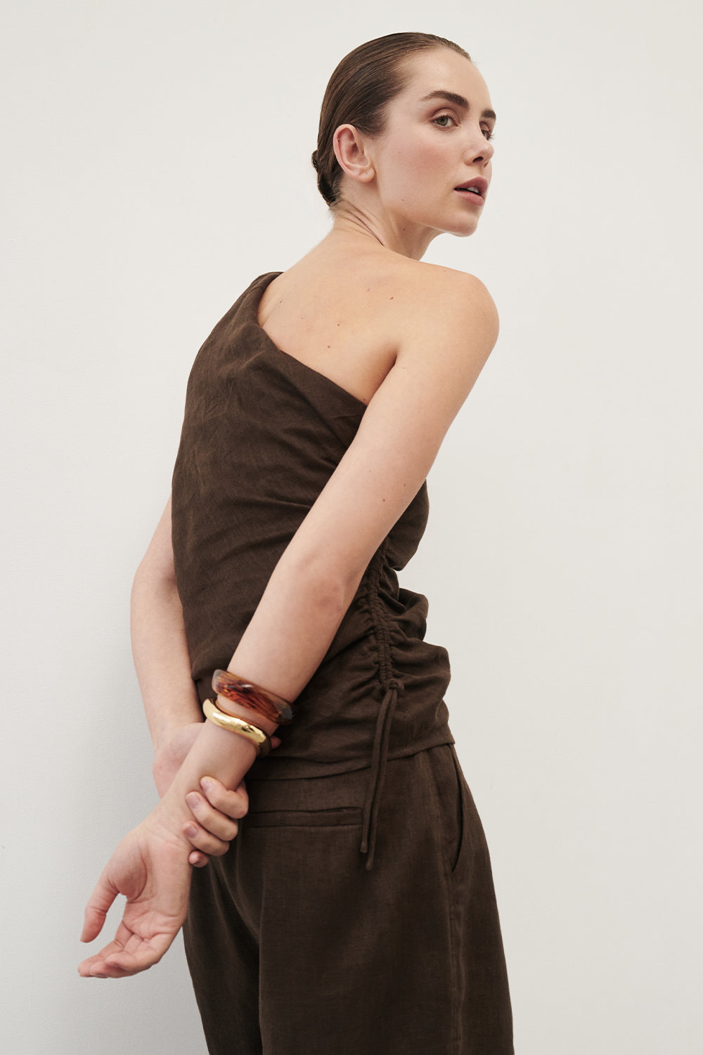Finny Bitter Chocolate Linen Sleeveless Top with Asym Neckline