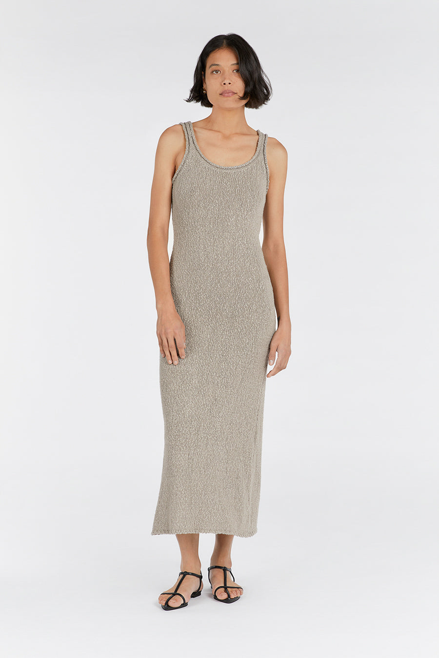 Dion Boucle Maxi Dress - Taupe Sleeveless Knit with Back Vent