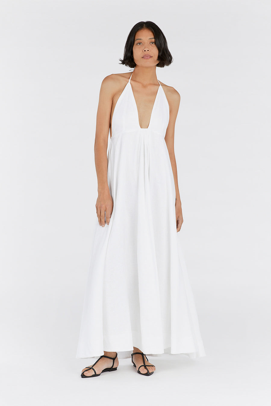 Women's White Linen Maxi Dress - Halter Neck Summer Dress