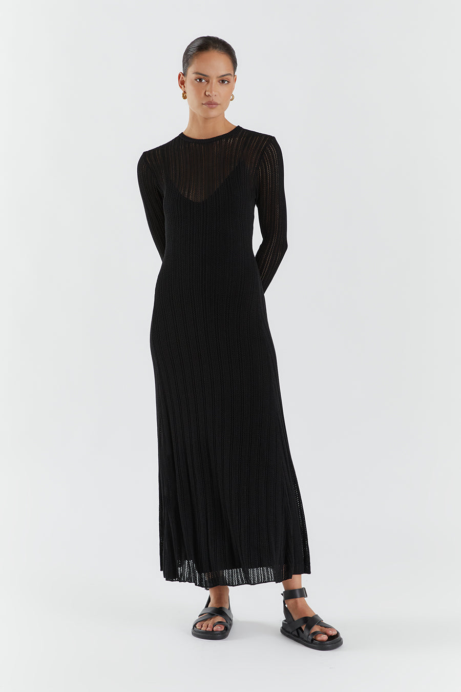 Estella Black Pointelle Knit Midi Dress with Removable Lining
