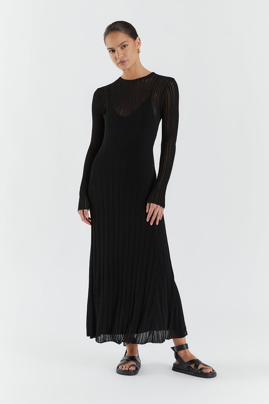 Estella Black Pointelle Knit Midi Dress with Removable Lining