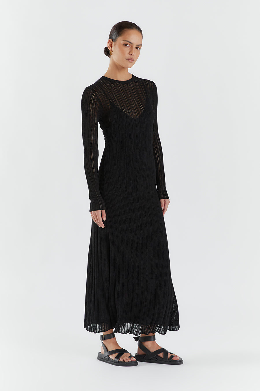 Estella Black Pointelle Knit Midi Dress with Removable Lining