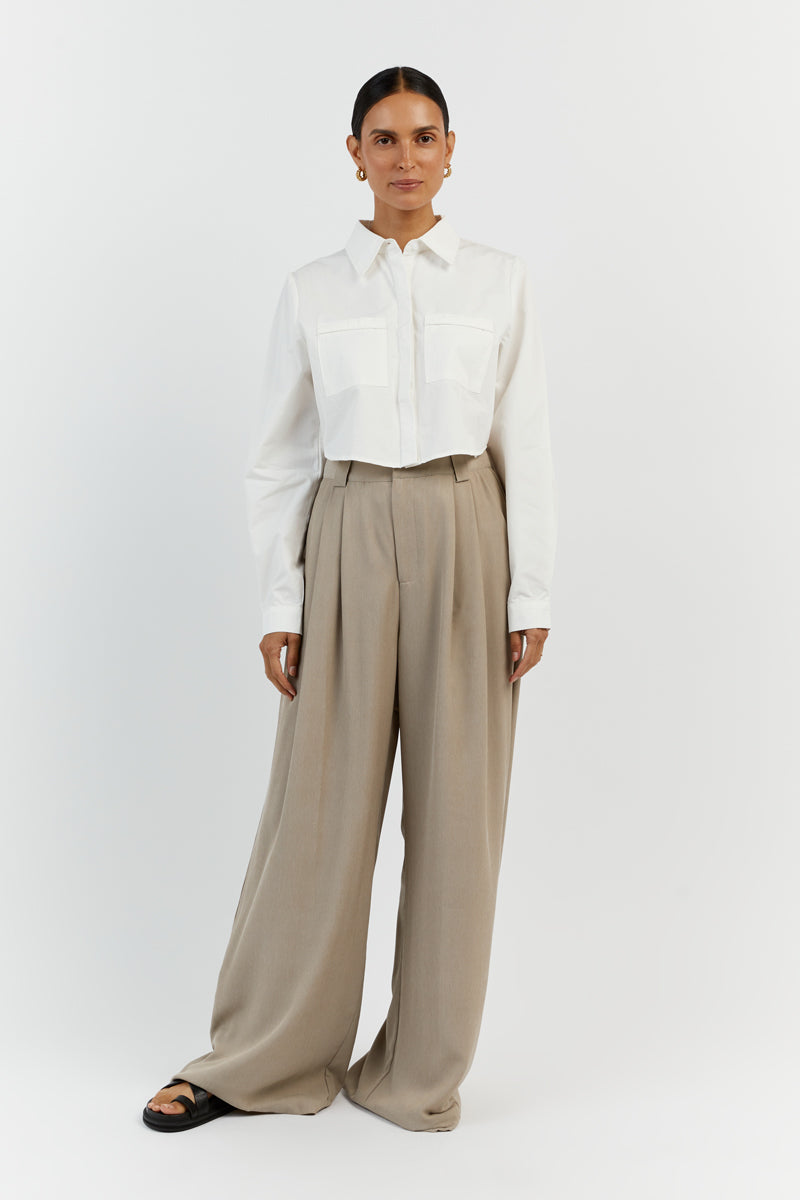Jordy White Cotton Cropped Shirt with Front Pockets