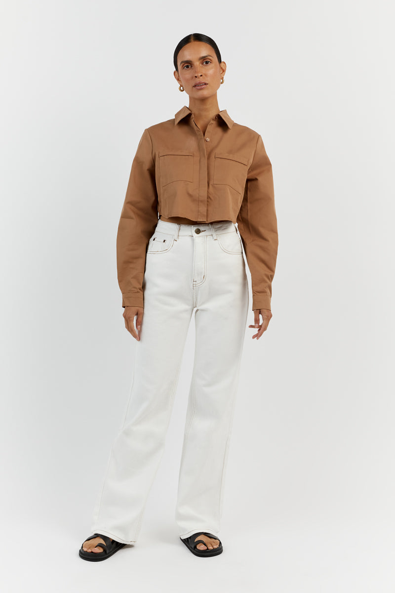 Jordy Tan Cotton Cropped Shirt with Point Collar & Pockets