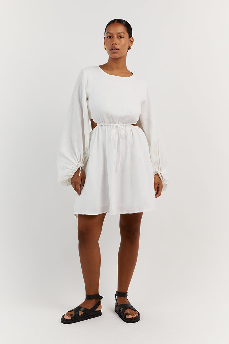 White Linen Mini Dress with Back Cut Out & Adjustable Ties