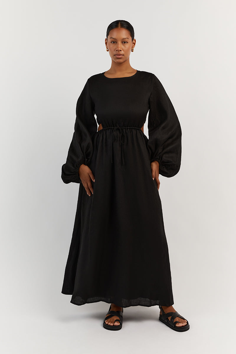 Black Linen Midi Dress with Back Cut Out & Adjustable Ties