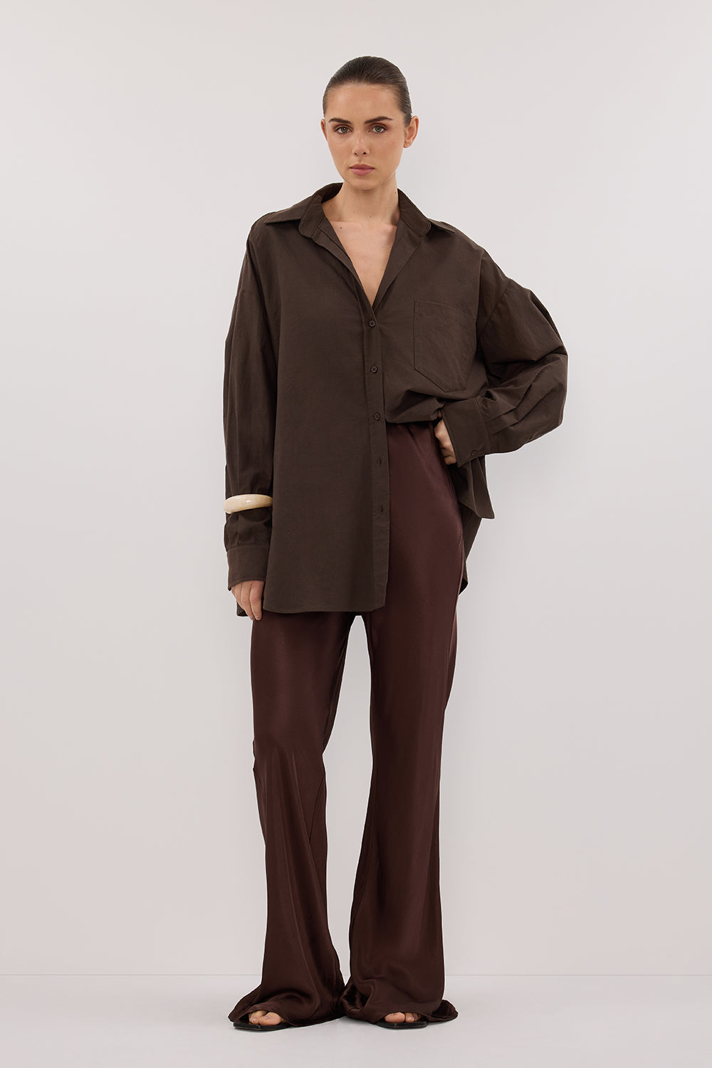 Nikki High-Rise Satin Bias Cut Pants in Bitter Chocolate