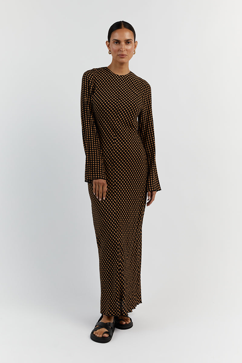 Mila Caramel Sleeved Midi Dress with Adjustable Waist Tie