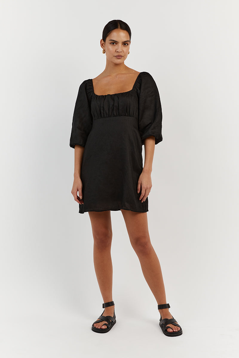 Lilah Black Linen Mini Dress with Bubble Sleeves & Square Neck