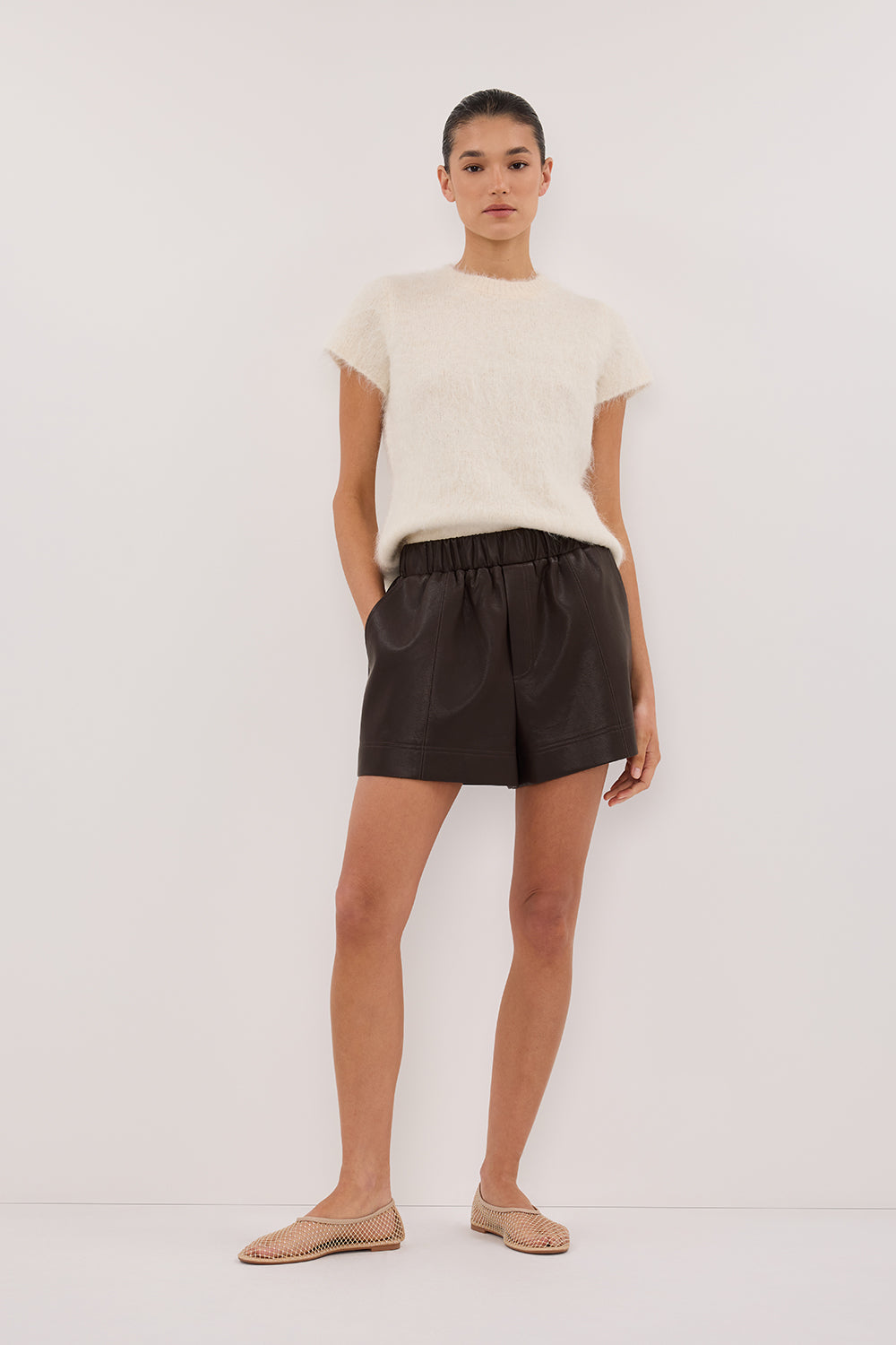 Monty Choc Faux Leather High Waist Shorts with Pockets
