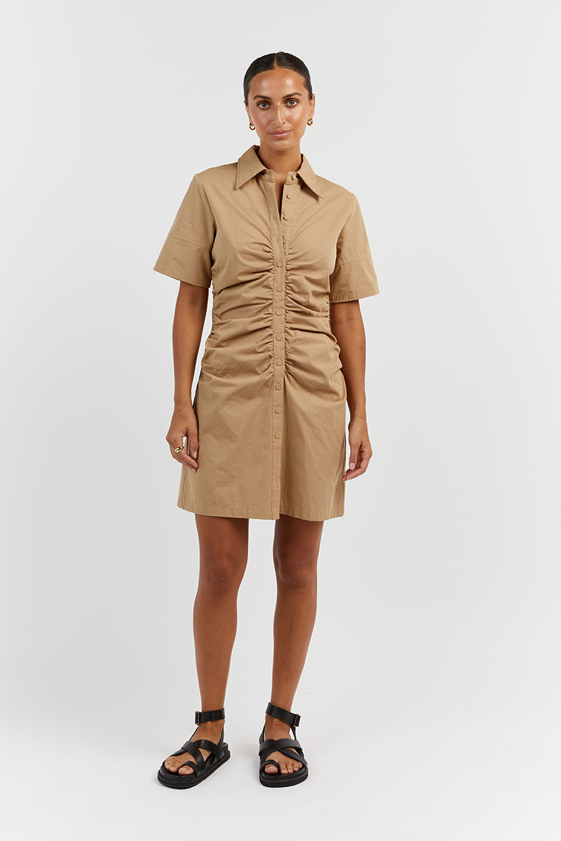 Allison Cotton Mini Dress - V-Neck Short Sleeve with Waist Detail
