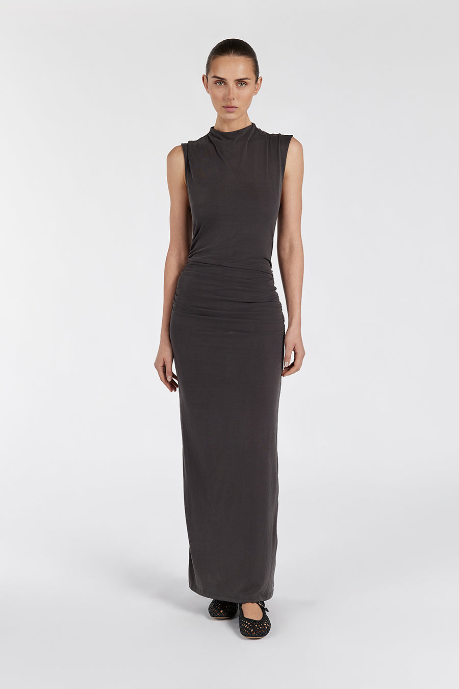 Boston Slate Ruched Midi Bodycon Dress with Back Split