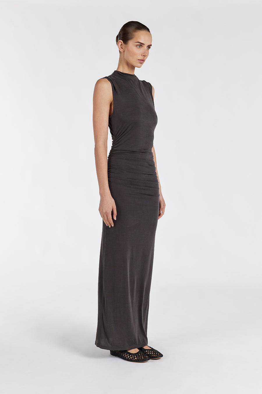 Boston Slate Ruched Midi Bodycon Dress with Back Split